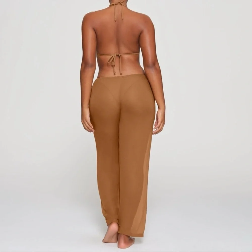 SKIMS 3X Swimwear Crinkle Silk Coverup Pants in Almond Color Sheer Pullon lounge